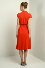 Women's Button-Front Belted Shirt Collar Short-Sleeve Dress