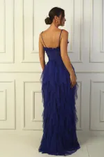 Robe longue en tulle doublée à franges et à bretelles en corde perlée