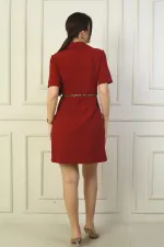 Button-front, short-sleeved, belted A-line pleated dress