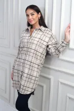 Kadın Yanları Yırtmaçlı Ekose Uzun Gömlek
