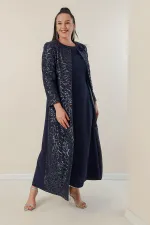 Robe longue en crêpe à manches demi-lune et devant à sequins, doublée en caftan, ensemble 2 pièces grande taille