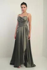 Women's Strappy, Back Lace-Up, Lined, Ruffled Long Satin Dress