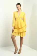 Kadın Ön Arka V Yaka Bel Dekolteli Astarlı Katlı Şifon Kısa Elbise