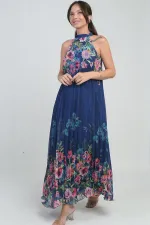 Kadın Çiçek Desenli Astarlı Plisoley Şifon Uzun Elbise