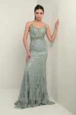 Kadın Boncuk-Taş Detaylı Astarlı Balenli Üstü Transparan Uzun Elbise