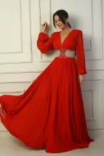 Robe de soirée longue en mousseline de soie avec col en V et taille brodée pour femme