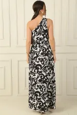 Women's One-Shoulder Side-Cut Ethnic Pattern Long Crepe Satin Dress