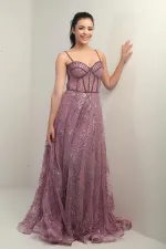 Robe de soirée longue à bretelles pour femme, ornée de perles, de sequins et doublée.