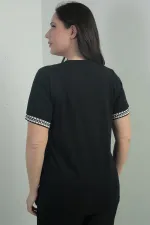 Kadın Yaka Ve Kol Şeritli Büyük Beden Rahat Kalıp Bluz