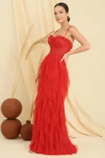 Robe longue en tulle doublée à franges et à bretelles en corde perlée