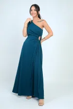 Kadın Tek Omuz Yan Pencere Detaylı Uzun Krep Saten Elbise