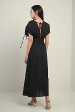 Robe longue pour femme à col en V devant et dos, manches froncées et broderies florales appliquées