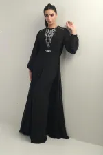 Women's Front and Back Stone Detailed Lined Wide-Leg Chiffon Jumpsuit