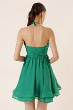 Boyundan Bağlamalı Astarlı Kısa Şifon Elbise