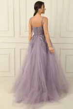 Strappy Neckline Feathered Sequin and Bead Embellished Lined Long Princess Evening Dress