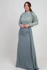 Kadın Üstü Pul Sim Detaylı Eteği Büzgülü Astarlı Şifon Uzun Elbise