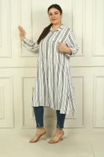 Kadın Sahte Tek Cepli Kol Katlamalı Boyuna Çizgili Büyük Beden Uzun Tunik Gömlek