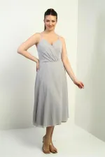 Women's Strappy Wrap Neckline Lined Lace-Up Back Flared Chiffon Dress