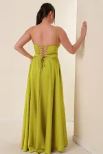 Strappy, Lined, Front Slit Plus Size Long Satin Dress