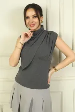 Kadın Degaje Yaka Önü Büzgülü Kolsuz Likralı Bluz