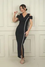 Robe longue en crêpe à rayures brillantes, col en V, manches basses et fronces sur le devant