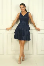 Ön Arka V Yaka Simli Katlı Elbise