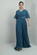 Kadın V Yaka Beli Taşlı Drapeli Astarlı Büyük Beden Uzun Şifon Elbise
