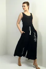 Kadın Beli Lastikli Cepli Nakış Detaylı Palazzo Pantolon