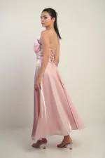 Women's V-Neck Strapless Lined Organza Satin Midi Dress