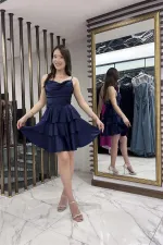 Kadın İp Askılı Arkadan Bağcıklı Eteği Kat Kat Saten Kısa Elbise