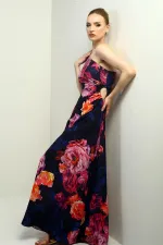 Kadın Tek Omuz Yandan Pencereli Büyük Çiçek Desenli Uzun Krep Saten Elbise