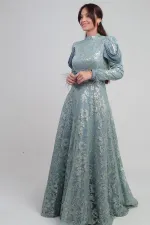 Kadın Kol ucu Tüylü Boncuk Sim Detaylı Astarlı Uzun Elbise