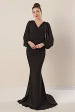 Wrap Neckline, Gathered Front, Lined Long Chiffon Dress