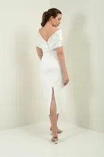 Women's Taffeta Madonna Collar Front Pearl Detailed Lined Evening Dress