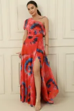 Tek Omuz Astarlı Yırtmaçlı Empirme Uzun Şifon Elbise