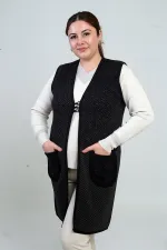Gilet long en maille à poches, motif mini, fermeture à 3 boutons, grande taille, pour femme