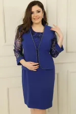 Pulpayet-Tül Detaylı Astarlı Elbise Ceket Büyük Beden 2'li Takım