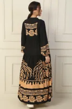 Long, half-buttoned, elasticated sleeve, printed modest dress.