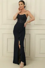 Kadın Üstü Boncuk İşlemeli Balenli Transparan Önü Volanlı Yırtmaçlı Astarlı Uzun Elbise