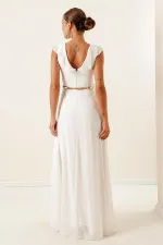 Chiffon Slit Long Dress with Flounce Collar and Belt