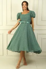 Balloon Sleeve Midi Length Lined Waist Belted Patchwork Fabric Dress