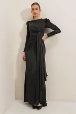 Long-sleeved satin dress with pleat detail at the front and lining.