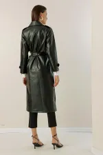 Trench-coat doublé en similicuir avec ceinture et poches latérales