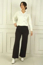 Women's Wide-Leg Steel Trousers with Elastic Waist, Side Pockets, and Trim