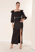 Square Neck, Organza Sleeves, Front Slit, Belted Waist Long Dress
