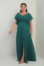 Robe en mousseline grande taille pour femme, décolleté en V devant et dos, manches à volants, ceinture doublée et poches.
