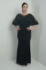 Robe longue pailletée grande taille pour femme, ornée de détails sur le devant et le dos, décolleté en V, doublée, manches chauve-souris et décolleté plongeant.