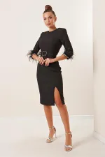 Belted Dress with Embellished Feather and Rhinestone Details on Sleeves