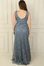 Kadın Ön Arka V Yaka Astarlı Boncuk Detaylı Büyük Beden Pulpayet Uzun Elbise