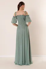 Yakası Piliseli Balon Kollu Astarlı Simli Uzun Elbise